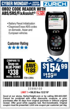 Harbor Freight Coupon ZURICH OBD2 SCANNER WITH ABS ZR13 Lot No. 63806 Expired: 12/2/19 - $154.99