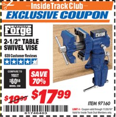 Harbor Freight ITC Coupon 2-1/2" TABLE SWIVEL VISE Lot No. 97160 Expired: 11/30/19 - $17.99