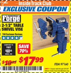 Harbor Freight ITC Coupon 2-1/2" TABLE SWIVEL VISE Lot No. 97160 Expired: 3/31/20 - $17.99