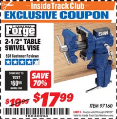 Harbor Freight ITC Coupon 2-1/2" TABLE SWIVEL VISE Lot No. 97160 Expired: 6/30/20 - $17.99
