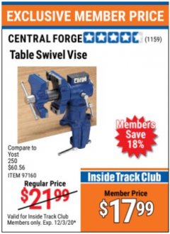 Harbor Freight ITC Coupon 2-1/2" TABLE SWIVEL VISE Lot No. 97160 Expired: 12/3/20 - $17.99