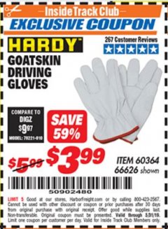 Harbor Freight ITC Coupon GOATSKIN DRIVING GLOVES Lot No. 66626 Expired: 5/31/19 - $3.99