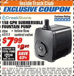 Harbor Freight ITC Coupon 158 GPH SUBMERSIBLE FOUNTAIN PUMP Lot No. 63315 Expired: 8/31/18 - $7.99