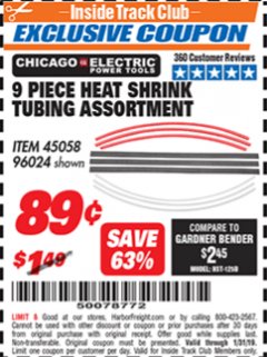 Harbor Freight ITC Coupon 9 PIECE HEAT SHRINK TUBING ASSORTMENT Lot No. 45058/96024 Expired: 1/31/19 - $0.89