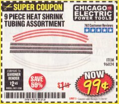 Harbor Freight Coupon 9 PIECE HEAT SHRINK TUBING ASSORTMENT Lot No. 45058/96024 Expired: 11/30/19 - $0.99