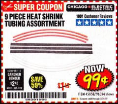 Harbor Freight Coupon 9 PIECE HEAT SHRINK TUBING ASSORTMENT Lot No. 45058/96024 Expired: 3/31/20 - $0.99