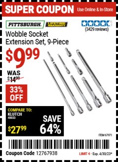 Harbor Freight Coupon 9 PIECE 1/4", 3/8", AND 1/2" DRIVE WOBBLE SOCKET EXTENSIONS Lot No. 67971/61278 Expired: 4/30/23 - $9.99