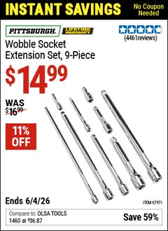 Harbor Freight Coupon PITTSBURGH WOBBLE SOCKET EXTENSION SET, 9-PIECE Lot No. 67971 Valid Thru: 6/4/26 - $14.99