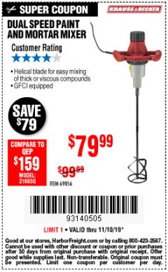 Harbor Freight Coupon DUAL SPEED PAINT AND MORTAR MIXER Lot No. 65758/69856 Expired: 11/10/19 - $79.99