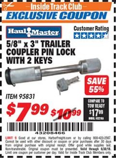 Harbor Freight ITC Coupon 5/8"X 3" TRAILER COUPLER PIN LOCK WITH 2 KEYS Lot No. 95831 Expired: 6/30/18 - $7.99