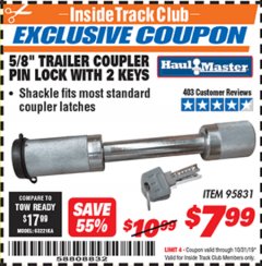 Harbor Freight ITC Coupon 5/8"X 3" TRAILER COUPLER PIN LOCK WITH 2 KEYS Lot No. 95831 Expired: 10/31/19 - $7.99
