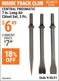 Harbor Freight ITC Coupon 3 PIECE, 7" LONG AIR CHISEL SET Lot No. 68276 Expired: 9/30/21 - $6.49