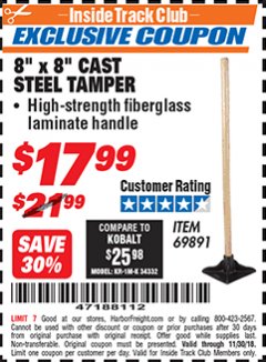 Harbor Freight ITC Coupon 8" X 8" CAST STEEL TAMPER Lot No. 69891 Expired: 11/30/18 - $17.99