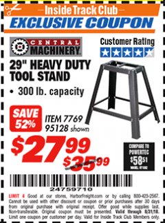 Harbor Freight ITC Coupon 29" HEAVY DUTY TOOL STAND Lot No. 7769, 95128 Expired: 8/31/18 - $27.99