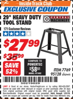 Harbor Freight ITC Coupon 29" HEAVY DUTY TOOL STAND Lot No. 7769, 95128 Expired: 1/31/19 - $27.99