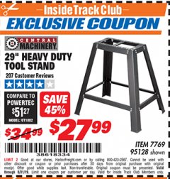 Harbor Freight ITC Coupon 29" HEAVY DUTY TOOL STAND Lot No. 7769, 95128 Expired: 8/31/19 - $27.99