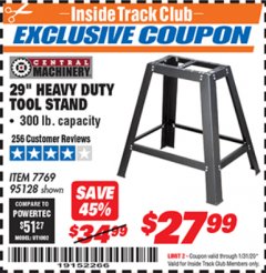 Harbor Freight ITC Coupon 29" HEAVY DUTY TOOL STAND Lot No. 7769, 95128 Expired: 1/31/20 - $27.99