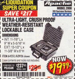 Harbor Freight Coupon APACHE 2800 CASE Lot No. 63926/64551 Expired: 5/31/19 - $19.99