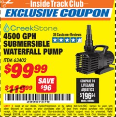 Harbor Freight ITC Coupon CREEKSTONE 4500GPH SUBMERSIBLE WATERFALL PUMP Lot No. 63402 Expired: 3/31/19 - $99.99
