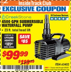Harbor Freight ITC Coupon CREEKSTONE 4500GPH SUBMERSIBLE WATERFALL PUMP Lot No. 63402 Expired: 4/30/20 - $99.99