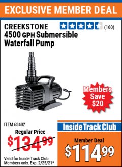Harbor Freight ITC Coupon CREEKSTONE 4500GPH SUBMERSIBLE WATERFALL PUMP Lot No. 63402 Expired: 2/25/21 - $114.99