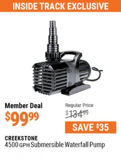 Harbor Freight ITC Coupon CREEKSTONE 4500GPH SUBMERSIBLE WATERFALL PUMP Lot No. 63402 Expired: 5/31/21 - $99.99