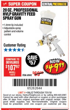 Harbor Freight Coupon 20 OZ. PROFESSIONAL HVLP GRAVITY FEED AIR SPRAY GUN Lot No. 68843 Expired: 7/31/18 - $107.97