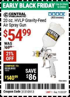 Harbor Freight Coupon 20 OZ. PROFESSIONAL HVLP GRAVITY FEED AIR SPRAY GUN Lot No. 68843 Expired: 11/22/23 - $54.99