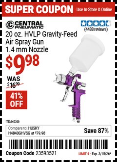 Harbor Freight Coupon CENTRAL PNEUMATIC 20 OZ. HVLP GRAVITY-FEED AIR SPRAY GUN, 1.4 MM NOZZLE Lot No. 68843 Valid Thru: 3/15/26 - $9.98