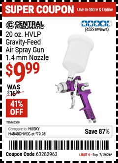 Harbor Freight Coupon CENTRAL PNEUMATIC 20 OZ. HVLP GRAVITY-FEED AIR SPRAY GUN, 1.4 MM NOZZLE Lot No. 68843 Valid Thru: 7/19/26 - $9.99