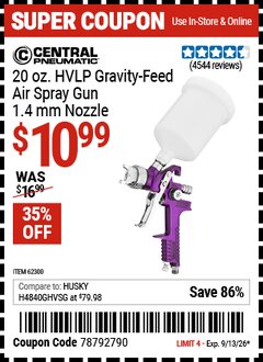 Harbor Freight Coupon CENTRAL PNEUMATIC 20 OZ. HVLP GRAVITY-FEED AIR SPRAY GUN, 1.4 MM NOZZLE Lot No. 68843 Valid Thru: 9/13/26 - $10.99