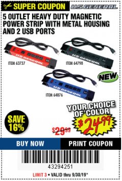 Harbor Freight Coupon 5 OUTLET MAGNETIC POWER STRIP Lot No. 63737 Expired: 9/30/19 - $24.99