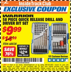 Harbor Freight ITC Coupon 58 PIECE QUICK RELEASE DRILL AND DRIVER BIT SET Lot No. 68828 Expired: 1/31/19 - $9.99