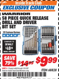 Harbor Freight ITC Coupon 58 PIECE QUICK RELEASE DRILL AND DRIVER BIT SET Lot No. 68828 Expired: 1/31/20 - $9.99