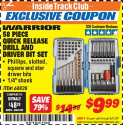 Harbor Freight ITC Coupon 58 PIECE QUICK RELEASE DRILL AND DRIVER BIT SET Lot No. 68828 Expired: 3/31/20 - $9.99