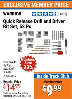 Harbor Freight ITC Coupon 58 PIECE QUICK RELEASE DRILL AND DRIVER BIT SET Lot No. 68828 Expired: 10/31/20 - $9.99