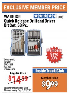 Harbor Freight ITC Coupon 58 PIECE QUICK RELEASE DRILL AND DRIVER BIT SET Lot No. 68828 Expired: 1/28/21 - $9.99