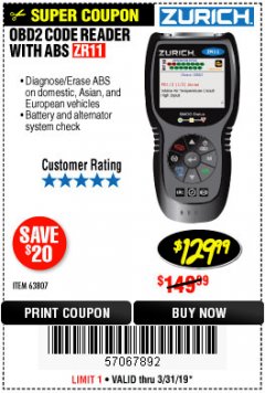 Harbor Freight Coupon ZURICH OBD2 CODE READER WITH ABS ZR11 Lot No. 63807 Expired: 3/31/19 - $129.99