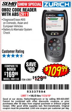 Harbor Freight Coupon ZURICH OBD2 CODE READER WITH ABS ZR11 Lot No. 63807 Expired: 11/24/19 - $109.99