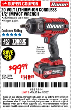 Harbor Freight Coupon BAUER 20 VOLT LITHIUM CORDLESS 1/2" IMPACT WRENCH Lot No. 63629/56176 Expired: 1/6/20 - $99.99