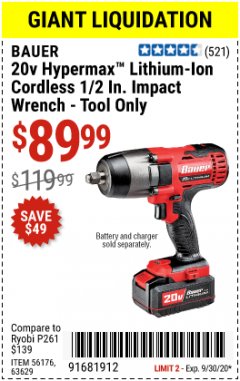 Harbor Freight Coupon BAUER 20 VOLT LITHIUM CORDLESS 1/2" IMPACT WRENCH Lot No. 63629/56176 Expired: 9/30/20 - $89.99