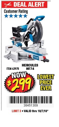 Harbor Freight Coupon HERCULES 12 IN. DUAL-BEVEL SLIDING COMPOUND MITER SAW WITH PRECISION LED SHADOW GUIDE Lot No. 56682/63978 Expired: 10/7/18 - $299