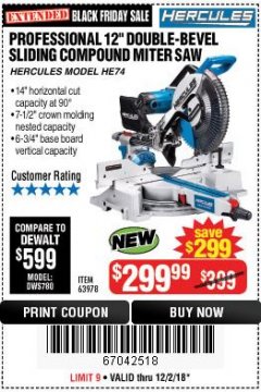 Harbor Freight Coupon HERCULES 12 IN. DUAL-BEVEL SLIDING COMPOUND MITER SAW WITH PRECISION LED SHADOW GUIDE Lot No. 56682/63978 Expired: 12/2/18 - $299.99
