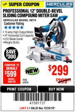 Harbor Freight Coupon HERCULES 12 IN. DUAL-BEVEL SLIDING COMPOUND MITER SAW WITH PRECISION LED SHADOW GUIDE Lot No. 56682/63978 Expired: 12/24/18 - $299