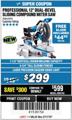 Harbor Freight Coupon HERCULES 12 IN. DUAL-BEVEL SLIDING COMPOUND MITER SAW WITH PRECISION LED SHADOW GUIDE Lot No. 56682/63978 Expired: 2/17/19 - $299