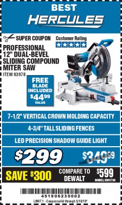 Harbor Freight Coupon HERCULES PROFESSIONAL 12" DOUBLE-BEVEL SLIDING MITER SAW Lot No. 63978/56682 Expired: 5/18/19 - $299