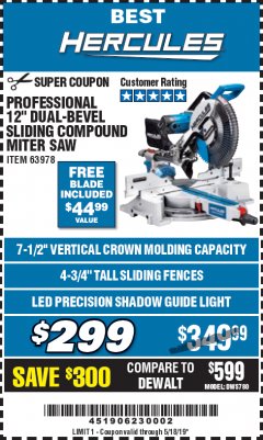 Harbor Freight Coupon HERCULES 12 IN. DUAL-BEVEL SLIDING COMPOUND MITER SAW WITH PRECISION LED SHADOW GUIDE Lot No. 56682/63978 Expired: 5/18/19 - $299