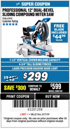 Harbor Freight Coupon HERCULES 12 IN. DUAL-BEVEL SLIDING COMPOUND MITER SAW WITH PRECISION LED SHADOW GUIDE Lot No. 56682/63978 Expired: 3/17/19 - $299