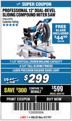 Harbor Freight Coupon HERCULES 12 IN. DUAL-BEVEL SLIDING COMPOUND MITER SAW WITH PRECISION LED SHADOW GUIDE Lot No. 56682/63978 Expired: 4/7/19 - $299.99