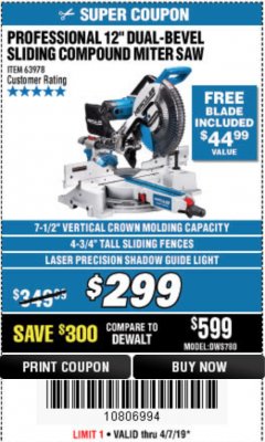 Harbor Freight Coupon HERCULES 12 IN. DUAL-BEVEL SLIDING COMPOUND MITER SAW WITH PRECISION LED SHADOW GUIDE Lot No. 56682/63978 Expired: 4/7/19 - $299.99